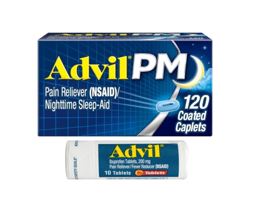 Advil PM Pain Reliever and Nighttime Sleep Aid Ibuprofen for Pain Relief and Diphenhydramine Citrate for a Sleep Aid - 120 Coated Caplets and Pain Reliever and Fever Reducer 10 Count Tablets