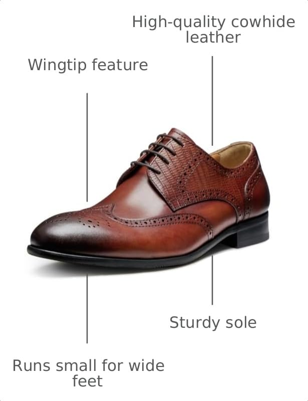 Image of Men's Dress Shoes, Genuine Leather Oxford Shoes for Men, Wingtip Brogue and Plain Toe Lace Up Formal Business Wedding Derby Shoes