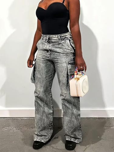Flamingals Cargo Jeans for Women Straight Leg High Waist Casual Flap Pocket Black Wash3