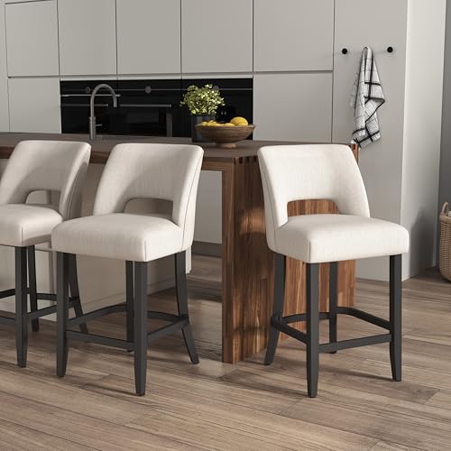Image of VKNOW Bar Stools Set of 4, 26 inch Upholstered Counter Height Bar Stools | Modern Counter Stools with Black Rubberwood Legs for Kitchen Island Dining Room Bar, Beige-Black Legs