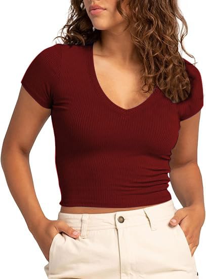 xolani Womens V Neck Short Sleeve Crop Top Double Lined Slim Fitted Basic Tee Going Out Cute Summer T Shirt Trendy X L2682 VK-picture-23