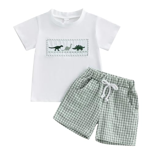 XIXIMAON - Conjunto de dinosaurio para bebé y niño, ropa de verano, camiseta de manga corta y pantalones cortos a cuadros, 2 piezas, blanco, 18-24 Meses