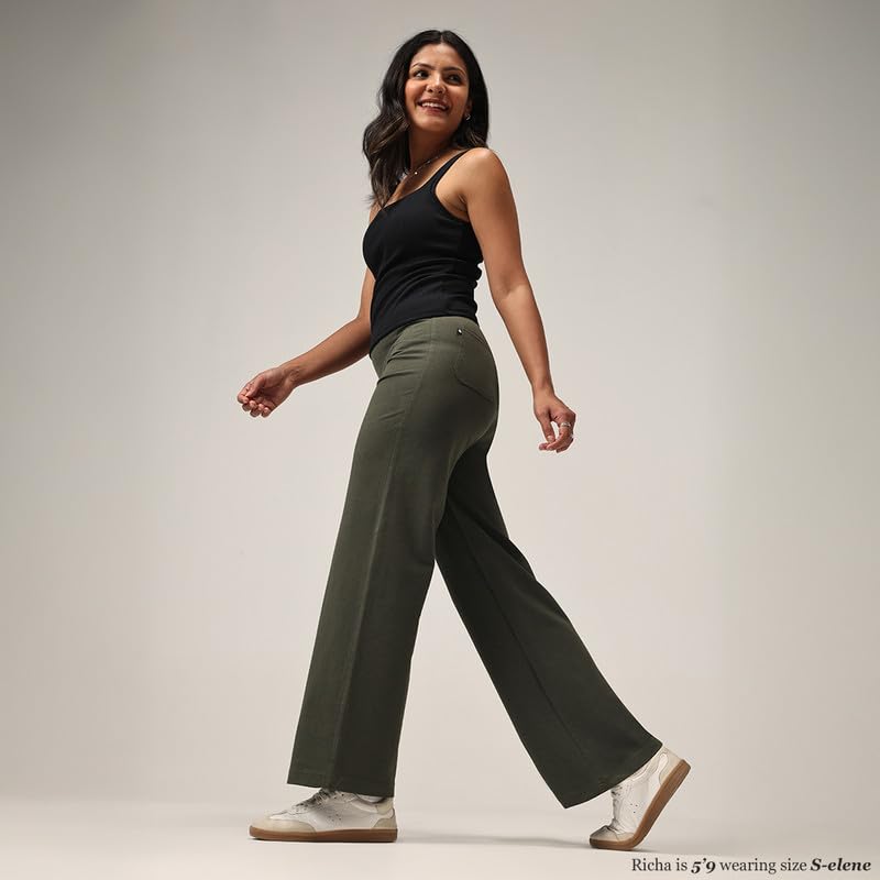 Image of BlissClub Womens Work-to-Wine Twill Wide Dart Pants Insanely Breathable Elasticated Waistband 2 Pockets Mock Fly | Wide Silhouette Stylish Pleats