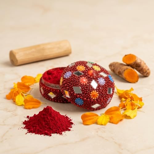 Image of Indian Dark Red Pure Kumkum Powder (Sindoor, Kumkuma, Kum Kum) For Makeup, Pooja And Other Hindu Rituals (Fancy Box 4)