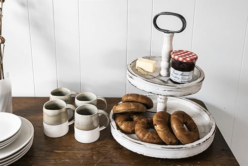 Creative Co-Op Distressed Cream Wood 2-Tier Tray with Metal Handle - Image 7