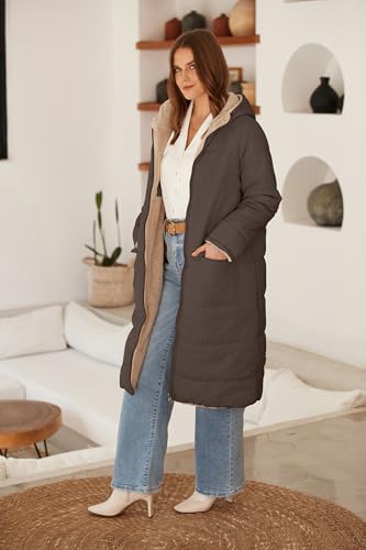 ECOWISH Women Winter Puffer Jacket - Reversible Fur Fleece Lined Hood Zip Sherpa Coat Parka Padded Long Outerwear4