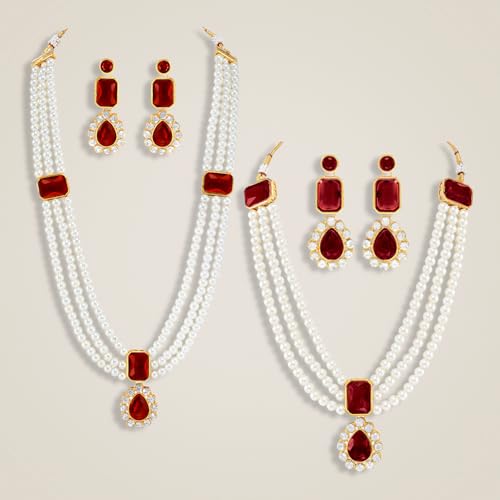 Image of Peora Crystal Faux Pearl Kundan Necklace & Jewellery Set Gift for Women