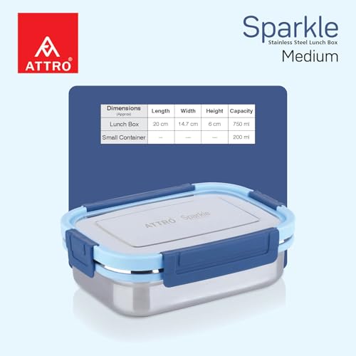 Image of ATTRO Sparkle Medium Stainless Steel Lunch Box 2-Piece Set - 800ml + 150ml - Leak-Proof, BPA-Free, Compact & Durable - Ideal for Kids, Office, Travel - Blue