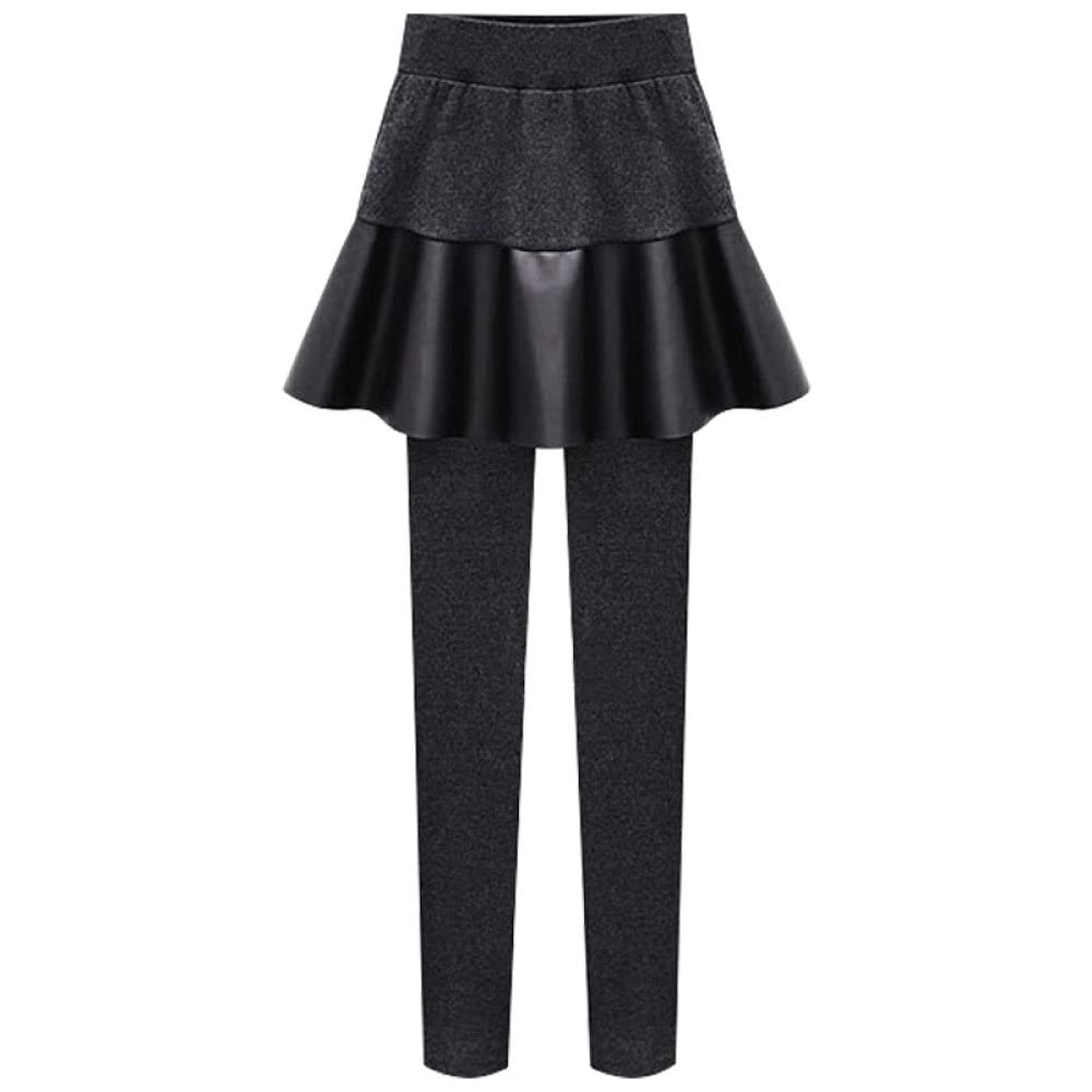 Thermoleggins Für Damen,Damen Thermal Leggings Fashion Plus Size Gefälschte Zwei Graue Pu-Leder Faltenrock Hoch Taillierte Leggings Dickes Fleece Gefüttert Dehnbare Hose Strumpfhose Für Winter O