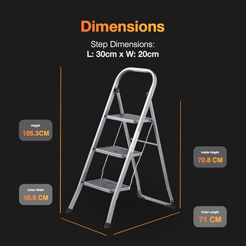 Masterworx 3 Step Ladder | Heavy Duty Folding Steel Stepladder With Safety Handle | 150Kg Max Capacity | Wide Anti-Slip Steps & Feet | Easy To Store | Ideal For Home, Kitchen, Garage & Diy Use - 5