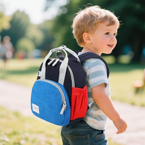 Image of Bluboon Toddler Backpack for Girls Boys 2-4 Cute 12 inch Preschool Kindergarten Backpacks Kids Daycare Bags School Travel (Blue-red Corduroy, Age 2-4 (12 inch H not Fit A4 Folder))
