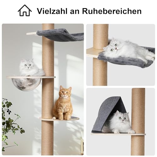 FUKUMARU Kratzbaum, 6 Etagen bis zur Decke reichender Katzenturm(220-300cm), wandmontierter Katzenbaum,aus Natürliches Gummibaumholz, mit Transparente Raumkapsel und gemütlicher Hängematte, grau – Bild 4
