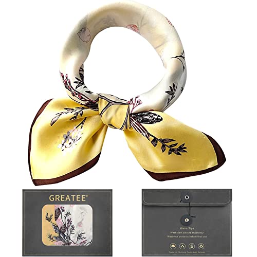 100% Pure Mulberry Silk Head Scarf for Women Silk Neck Scarf 20"Ã—20" Small Square Silk head scarf Satin Neckerchief Scarves Printed Silk Scarf for Bag & Hair Decoration (P-Yellow Berry)
