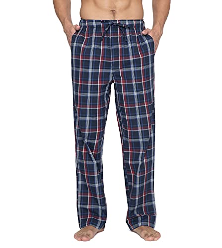 Lapasa Men's 100% Cotton Woven Plaid Pajama Pants Lounge Sleepwear Pants Pj Lightweight Bottoms Drawstring And Pockets M38 X-Large (Woven) Navy Blue+Red Plaid #TOP14