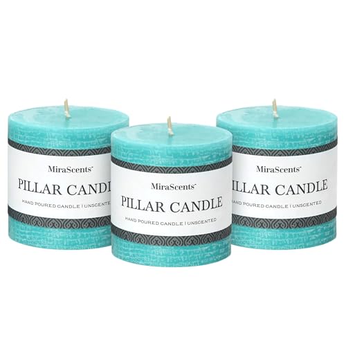 Türkis-Stumpenkerzen, 7,6 x 7,6 cm, 3er-Set – geruchlose Kerzen, lange saubere Brennung, große große Kerzen, rauchfreie, tropffreie Stumpenkerzen für Esstisch, Hochzeit, Zuhause, Badezimmer, rustikale