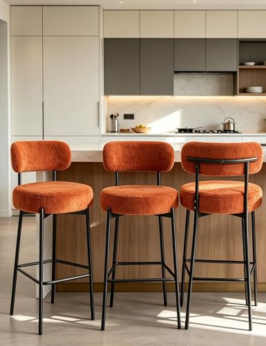 DYHOME Bar Stools Set of 3 Burnt Orange Counter Height Bar Stools 28 Inches Modern Boucle Barstools Upholstered Bar Chairs for Kitchen Island Club Coffee
