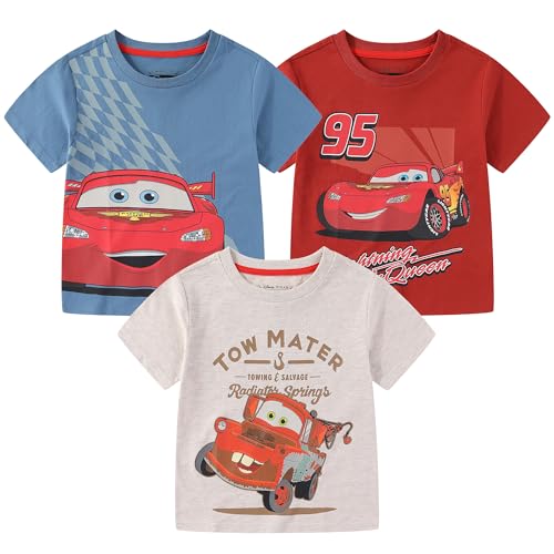Disney Cars Lightning McQueen Boys 3 Pack Short Sleeve Crew Neck T-Shirt for Toddler and Big Kids Blue/Red/Grey