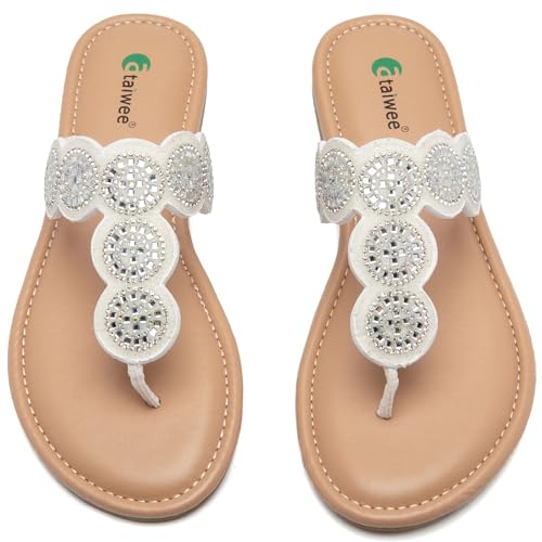 Image of Ataiwee Women's Bohemian Bling Flat Slide Sandals - Casual Summer Thong Sandals with Rhinestone Decor, Rubber Sole, Lightweight & Comfortable for Casual Attire Strappy Sandals.