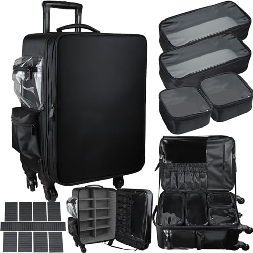 Image of SHAMAX Professional Makeup Artist Trolley | Large Rolling Cosmetic Case with 360 Wheels, Adjustable Dividers & Removable Bags | Salon, Hairstylist & MUA Travel Organizer (55Hx36.5Lx25W cm)