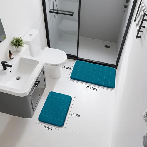 Image of Yimobra 2 Pieces Memory Foam Bath Mat Sets, 17x24+44.1x24 Inches for Bathroom Rugs, Toilet Mats, Non-Slip, Soft Comfortable, Water Absorption, Machine Washable (Peacock Blue, 17 inchx24 inch+31.5 inchx19.8 inch)