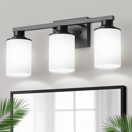 Image of DORESshop 20 Inch Bathroom Light Fixtures, 3-Light Black Bathroom Lighting Fixtures Over Mirror with Milk Glass Shade, Modern Vanity Lights for Hallway Bedroom, ETL Listed