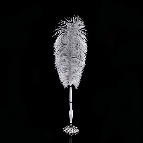 Feather Pen, Acogedor Feather Signing Pen with Metal Holder, White Feather Quill Pen Ballpoint Pen, Wedding Pen Set, Guest Book Pen(Silver Base Holder)