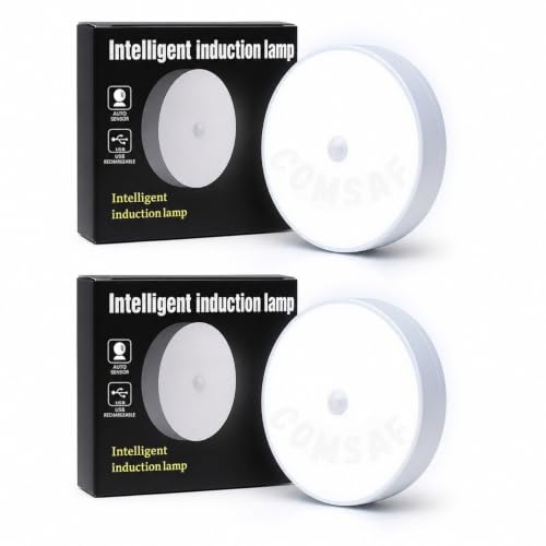 Image of ComSaf USB Rechargeable Motion Sensor LED Light for Home Indoor [Pack of 2] - Wireless Magnetic Stick On Night Light for Cabinet, Wardrobe, Closet, Kitchen, Bedroom, Stairs, Under Cabinet Lighting