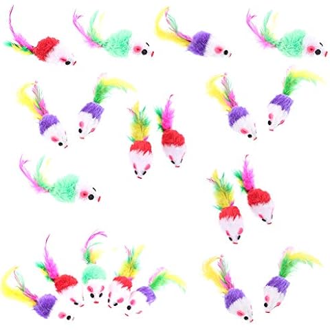 falllea Pack of 20 Furry Kitten Mice Cat Toy Mouse Rattle Mouse Toy Cat Catcher Pet Toy with Feather Tails for Cats Fun Play Cover