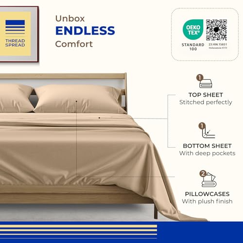 Image of THREAD SPREAD California King Bed Sheets, Luxury 1000 Series Paradise Collection 100% Egyptian Cotton Cal King Sheets Set (4 PC, Taupe), Silky Soft, Cooling, 16 inch Deep Pocket Hotel Sheet Set