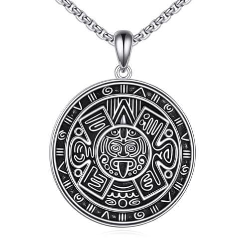 Aztec Calendar Necklace 925 Sterling Silver Round Aztec Mayan Calendar Charm Pendant Round Aztec Jewelry With 22+2 Inches Stainless Steel Chain