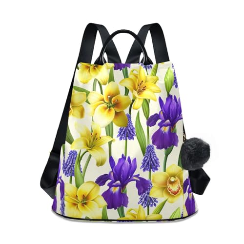 Sac à dos antivol femme orchidée jaune et fleurs violettes en polyester multipoche