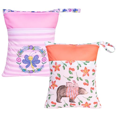 Image of ALVABABY 2pcs Cloth Diaper Wet Dry Bags Waterproof Reusable with Two Zippered Pockets Travel Beach Pool Daycare Soiled Baby Items Yoga Gym Bag for Swimsuits or Wet Clothes L-AMD0467