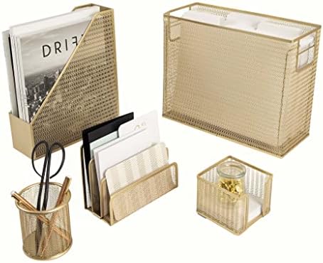 BLU MONACO Cute Desk Organizers and Accessories - 5 Piece Gold Desk Accessories Set Includes Hanging File Holder, Letter Sorter, Pen Cup, Magazine Holder, and Sticky Note Holder, Office Supplies