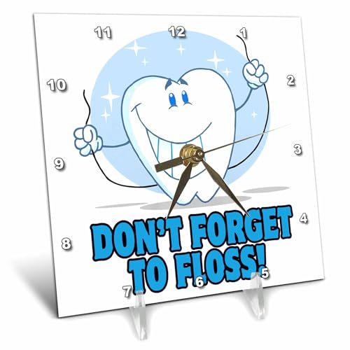 3dRose 6x6 Desk Clock - Dont Forget to Floss Cute Cartoon Tooth More Random Cartoon Designs
