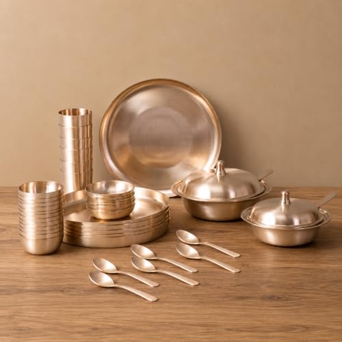 Image of 40-Piece Matte Finish Kansa Dinner Set Featuring Premium Brushed Bronze Plates, Bowls, Tumblers, Lidded Servers, and Spoons Handcrafted for Dining & Gifting