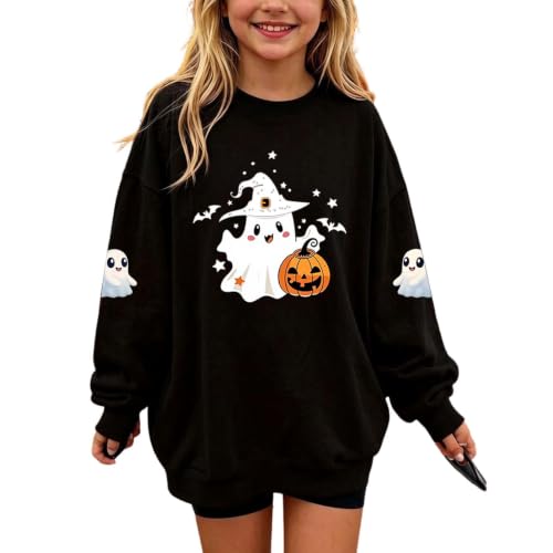 Girls Pink Ghost Witch Hat Pumpkin Halloween Crewneck Sweatshirt Pullover - image 1