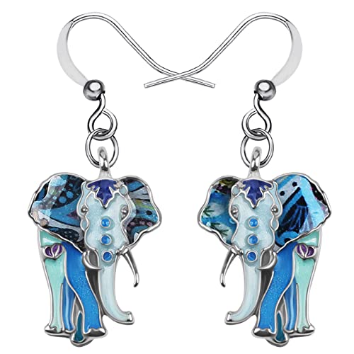 Enamel Alloy Jungle Elephant Earrings Dangle Stud French Clip Fashion Jewelry For Women Charm Gift (Blue)