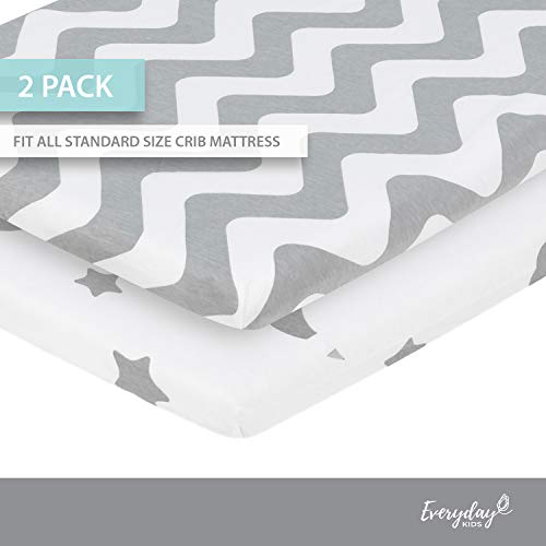2 Pack Cradle Sheet Set, 100% Cotton Jersey Knit, Breathable Baby Sheet, Fits Cradle Pad/Mattress - Ultra Soft - Gray/White Chevron & Moon Stars Patterns #TOP5