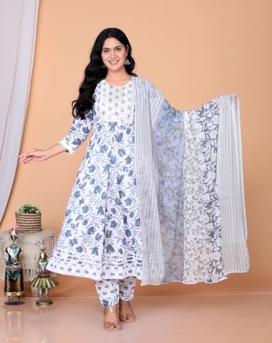 Image of Queens World Women's Anarkali Pure Cotton Floral Printed Kurta Pant Set With Dupatta (M To 2XL- Size)