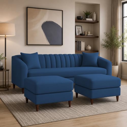 Image of Doraldo 3 Seater Sofa Set with 2 Ottoman for Living Room (Blue) Premium Fabric Sofa
