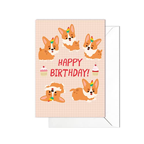 Tarjetas de felicitación de feliz cumpleaños, estilo japonés, bonita tarjeta de arte kawaii con sobre (caos de fiesta de Corgi) - código C17
