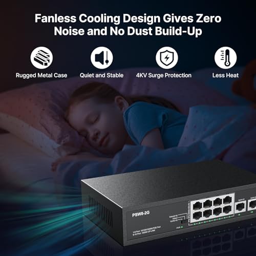 Image of 8 Port Full Gigabit PoE+ Switch with Rack Mount Ears, with 2 Gigabit Uplink Ports Up to 30W Per Port, Total Budget 120W, 48 Volt 802.3af /at Compliant, Compatible with PoE IP Cameras VOIP Phones