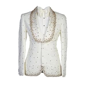 Luxury Men’s Suits 2 Pieces Jacquard Blazer Vest One Button Wide Lapel Beads Diamonds Pearls Suits