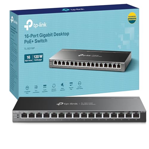 TP-Link TL-SG116P 16-Port Gigabit Desktop Network Switch, Dedicated 16-Port PoE+ Ethernet Splitter, 120 W Total Power Budget, Transmission up to 250 m