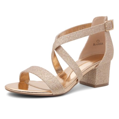 Image of Shoe Land SL-LESSA Women's Low Heels Open Toe Dress Heeled Sandals Cross Ankle Strap Chunky Block Short Heel Pumps Shoes for Office Prom Wedding Party