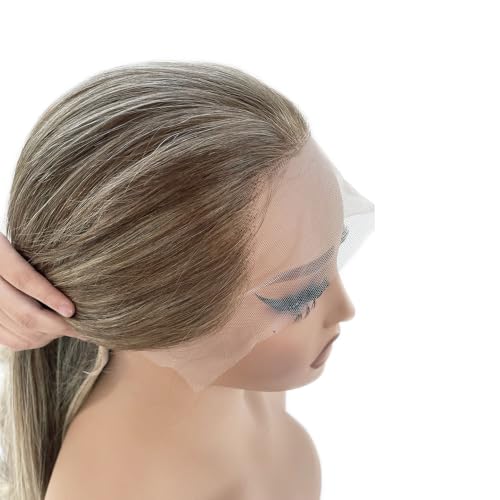 Image of Chocolate Brown with Ash Blonde Highlight Lace Front Wig Human Hair, 13x4 HD Lace Frontal Real Human Hair Wig for White Women Pre Plucked Straight 180% Density Brazilian Remy Glueless Wigs 16 Inch