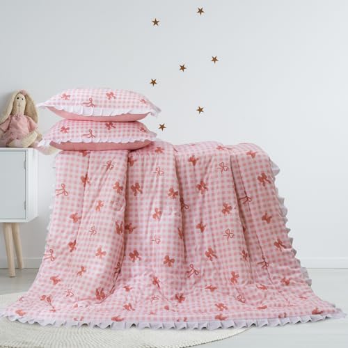 Image of A Nice Night Bow Comforter Set,6 Piece Bed in a Bag with Comforter & Sheet Set,Chic Grid Bowknot Bedding Sets,Princess Themed Bed Sets for Kids Girls,Twin