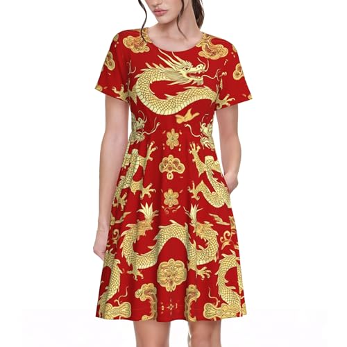 Women’s Floral Print Swing Dress, Red Chinese Dragons...