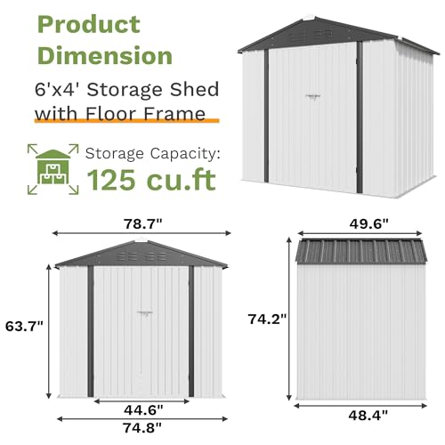 Image of Patiowell 6x4 FT Storage Shed with Floor Frame, Outdoor Metal Garden Sheds