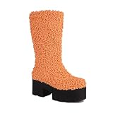 Venssole Women's Vintage Closed Round Toed Keen-High Fluffy Furry Boots Warm Curly Faux Wool Platform Chunky High Heel Pull On Boots Fashion Winter Daily Dating Boots (Tan,8.5)